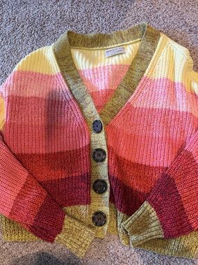 Urban Outfitters Yellow Pink Red Gradient V-Neck Button Cardigan